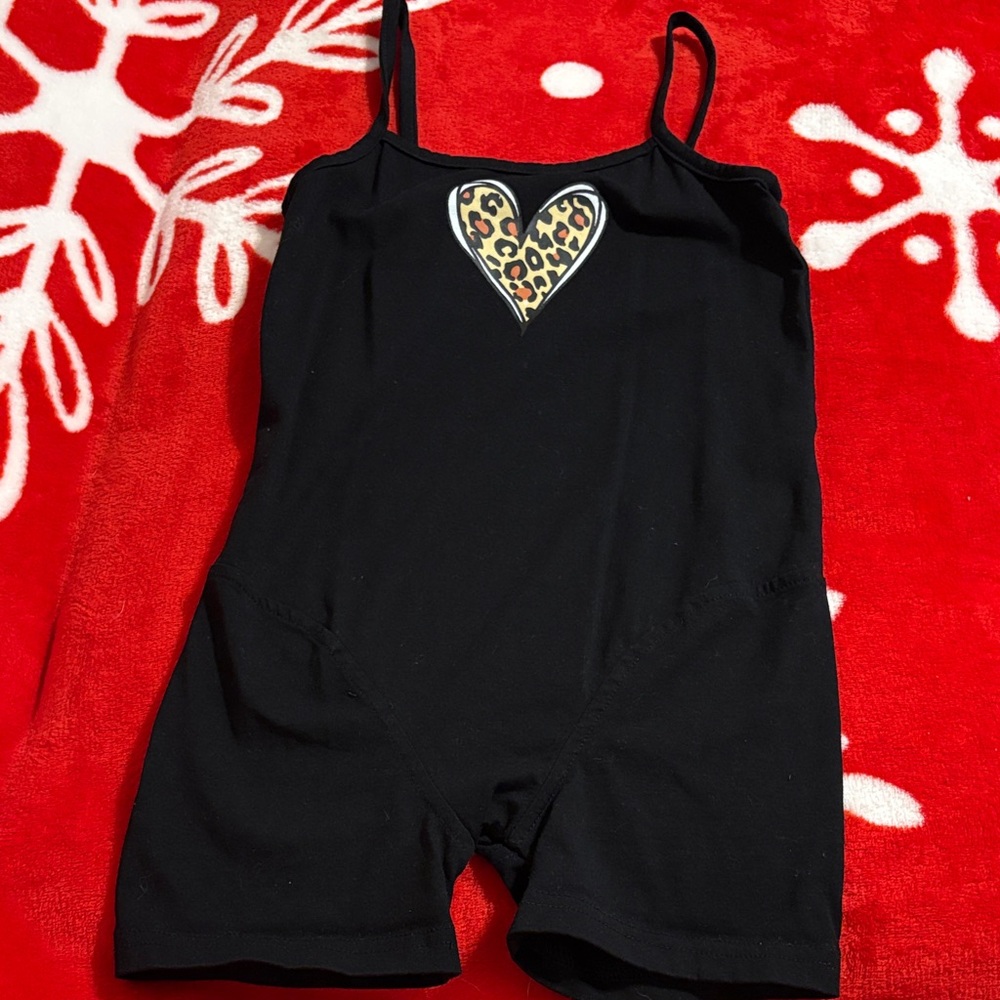 Black Romper with Leopard Heart Detail